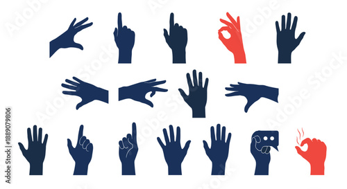 Collection of diverse human hand gesture silhouettes including pointing, waving, and ok signs in a navy blue and red color palette.