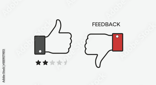 Graphic representation of customer feedback featuring thumbs up and thumbs down icons along with a star rating bar and text labels.