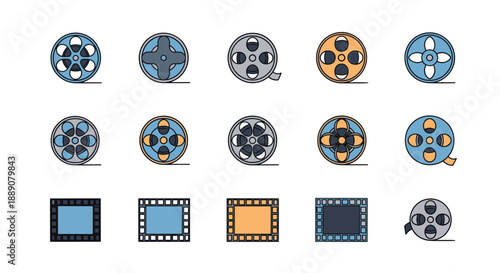 Comprehensive set of movie film reel and cinematic frame icons in various colors like blue and orange for film industry graphics.