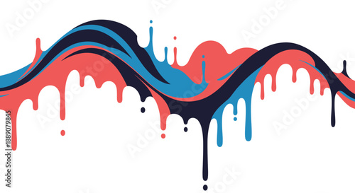 Modern abstract background composition with fluid and dripping paint waves in a vibrant color palette of blues and coral pinks.