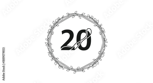 Elegant black and white illustration of the number twenty encircled by a delicate leaf and vine wreath on a white background.