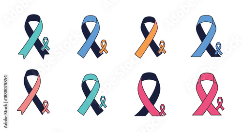 Collection of stylized awareness ribbon icons in various color pairs and sizes to represent different health causes and support themes.