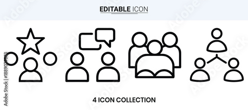 Four simple line icons depicting a star chat group and individual people