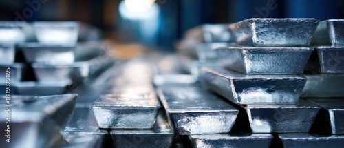 Tangible asset silver bars investment Stacked metal ingots in warehouse, industrial raw material bars close-up with shallow depth of field