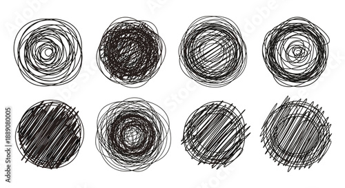 Collection of eight unique hand-drawn scribbled circle icons in black ink providing a textured and artistic look for creative designs.