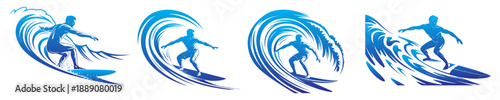 Surfer's silhouette collection, male figure with surfboard, wave itself is stylized with flowing, sport concept vector art.