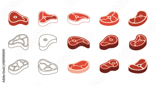 Set of isometric illustrations showing various cuts of raw beef steaks in different artistic styles and shades of red and brown.