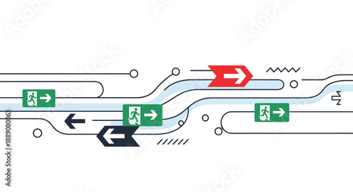 Innovative graphic design featuring green emergency exit icons and directional arrows flowing along a network of paths and lines.