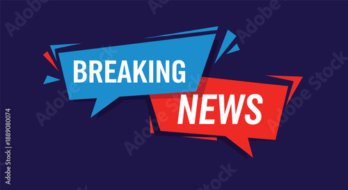 Breaking news banner design with bold white text inside blue and red speech bubbles on a dark navy blue background.