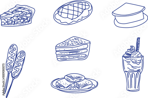 Collection of hand drawn blue outline icons representing various popular food items including sweet desserts savoury snacks and refreshing cold beverages for menu design or café branding purposes