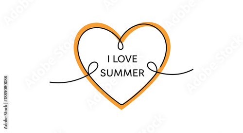 Minimalist line art illustration featuring the text i love summer enclosed within a continuous orange heart-shaped outline.