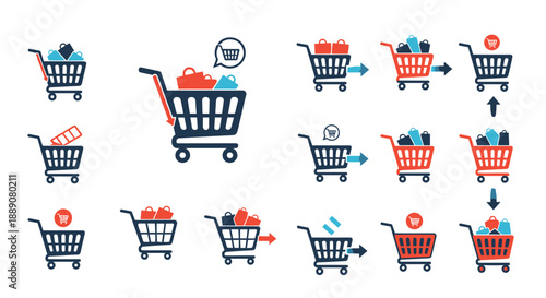 Set of diverse shopping cart icons showing various amounts of colorful shopping bags and arrows for e-commerce and retail concepts.