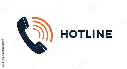 Professional hotline logo design featuring a dark navy telephone handset with orange signal waves and bold capital text lettering.