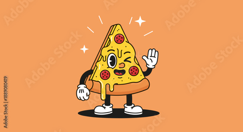 Cartoon Pizza Slice Mascot Waving Hello: Cheerful, Winking Food Character with Pepperoni and Melting Cheese for Restaurant Advertising, Menu Design, Kids' Illustrations, and Fun Ma.