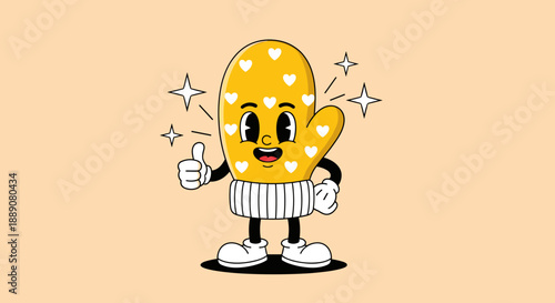 Cheerful cartoon mitten character giving a thumbs up on a solid background, radiating positivity and good vibes with a playful expression, perfect for children's illustrations or w.