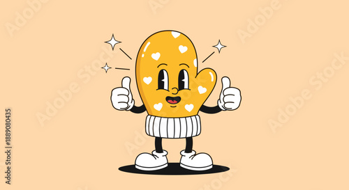Whimsical mitten cartoon character giving thumbs up, radiating positivity and charm with a retro style, perfect for adding a playful touch to educational materials, greetings,.