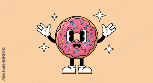 Cheerful donut cartoon mascot character joyfully presenting in a whimsical style with shining stars, a delightful treat for kids advertising, baked goods marketing, and retro food.