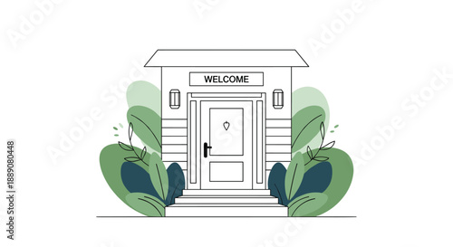 Modern house entrance illustration featuring a white door with a welcome sign and green plants for home concepts.