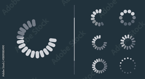 Loading indicator icons set featuring various circular progress bars and spinner animations on a dark gray background.