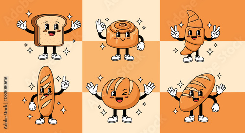 Retro Cartoon Bakery Characters Displayed on a Checkerboard Pattern Background for Bakery, Confectionery, and Food-Related Applications, Advertising a Fun, Nostalgic Vibe