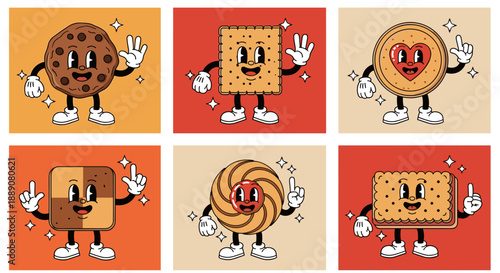 Retro Cookie Cartoon Characters Collection Showcasing Playful Food Mascots With Waving Gestures, Ideal for Branding, Advertising, and Creative Food Industry Design Projects With No.