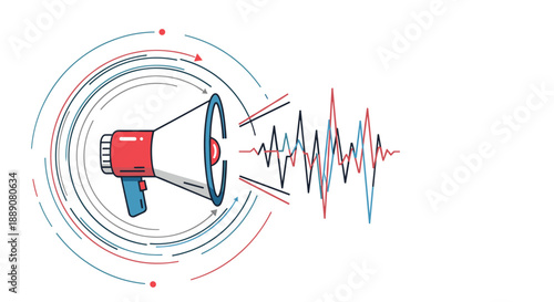 Marketing communication concept featuring a red megaphone emitting sound waves and circular motion lines for promotion.