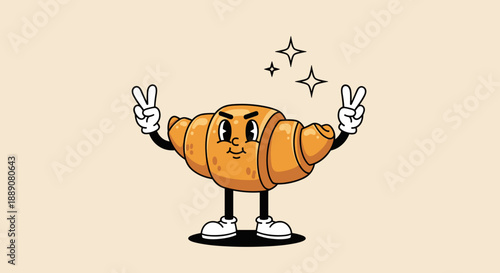 Cartoon croissant character strikes a fun pose with peace sign hands against a cream background, ideal for bakery branding or animation design, bringing playful charm and classic m.
