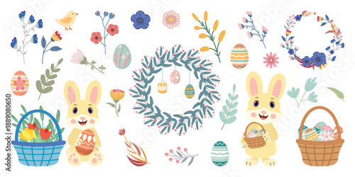 Set of Easter elements Cute bunnies, colorful eggs, spring flowers, Easter wreaths, basket with eggs flowers Perfect for holiday cards, invitations, decorations, kids designs, festive spring projects