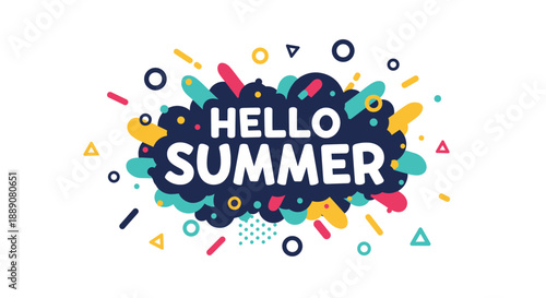 Festive hello summer message within a dark cloud shape surrounded by colorful bursts and geometric elements for seasonal advertising.