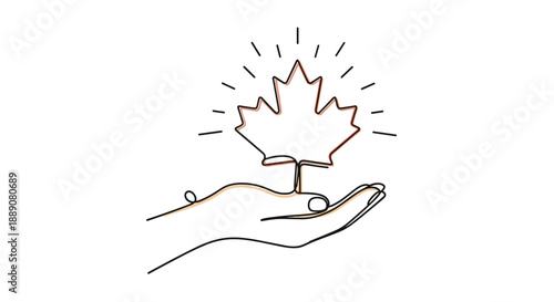 Human hand holding a glowing maple leaf in a single line art style symbolizing care for nature or Canadian heritage and patriotism.