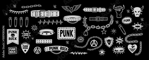 Punk and rock doodle vector set with Safety pins, Studded belts, Spikes / chains, Band patches / badges and Anarchy symbols elements. Perfect for posters, album covers, t-shirts and stickers