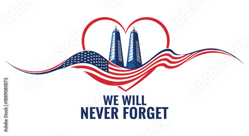 We will never forget tribute featuring twin towers silhouette inside a heart with the American flag for patriotic remembrance events.