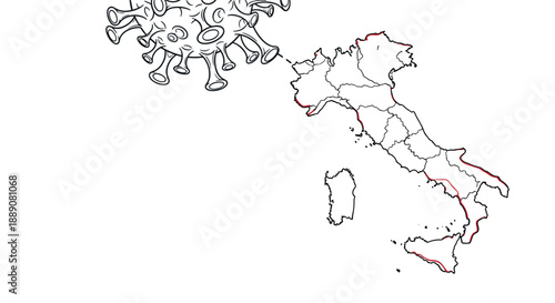 Outline map of Italy with a large virus icon approaching it illustrating the spread of infectious disease and healthcare challenges.