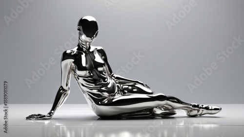 Minimalist chrome humanoid reclining in futuristic studio space