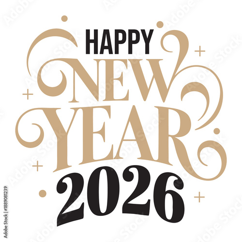 Elegant New Year Typography, Gold Swirl Celebration, Festive 2026 Greeting Design, Stylish Holiday Message Poster