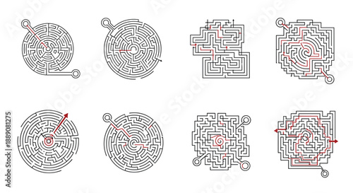 Maze puzzle icons set featuring various circular and square labyrinths with red solution paths for logic challenges.