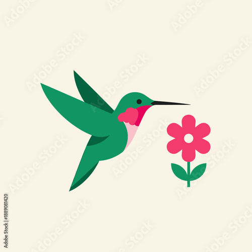 Vibrant hummingbird sips nectar from beautiful pink flower
