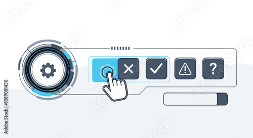 Interactive system dashboard with a hand clicking a blue button among various control icons like settings check and error.
