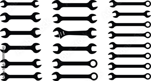 Black Wrench Silhouette Vector Set – Mechanic Hand Tool Illustration