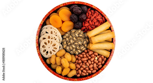 Assorted dried fruits and snacks arranged in a bowl, top view png