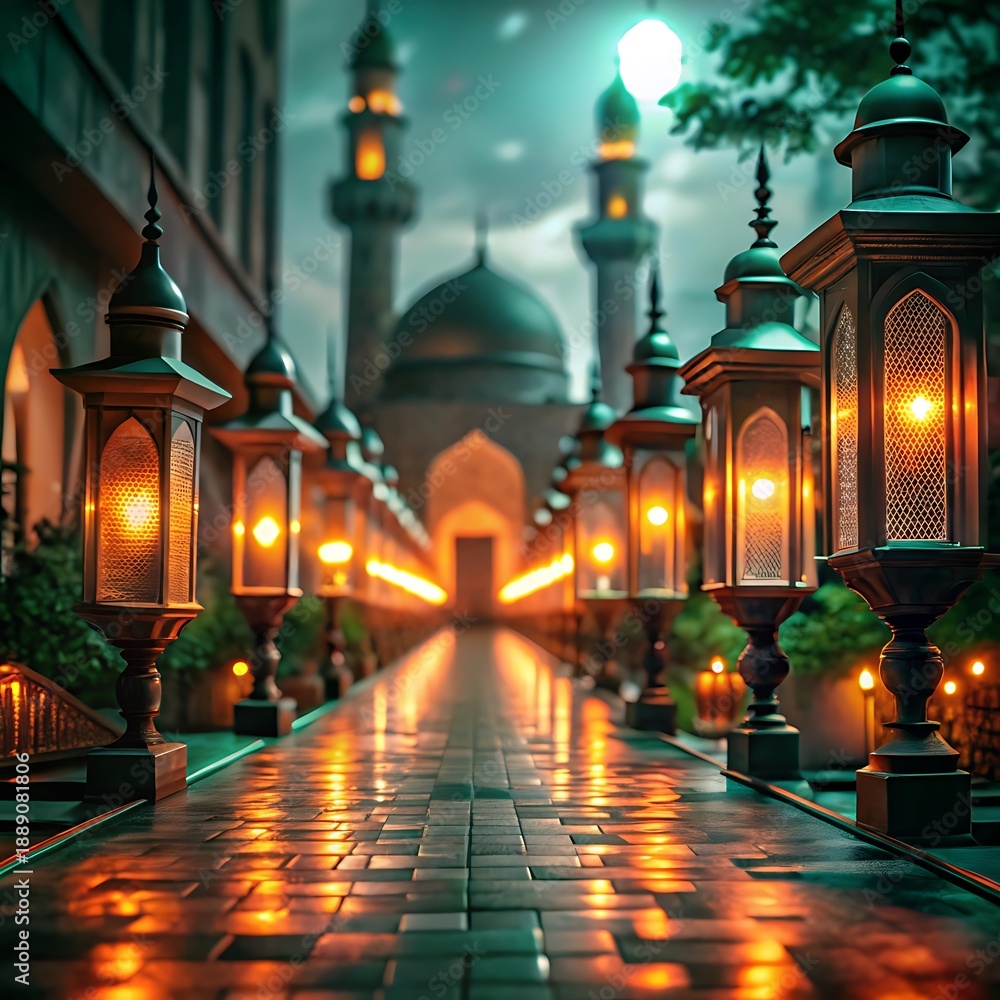 Obraz premium mosque pathway with glowing lanterns leading to domes and minarets under moonlit sky at twilight