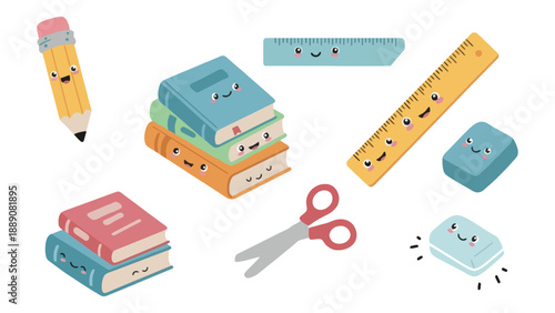 A colorful illustration of cartoon school supplies with smiling faces