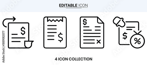 Four linear icons depicting financial documents currency and economic concepts high quality professional
