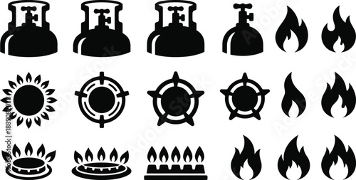Gas Cylinder Head Icon Silhouette Vector Set – Flame and Energy Symbol Illustration