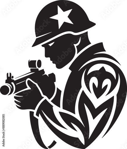 Silhouette of a soldier aiming a weapon decorated with tribal designs