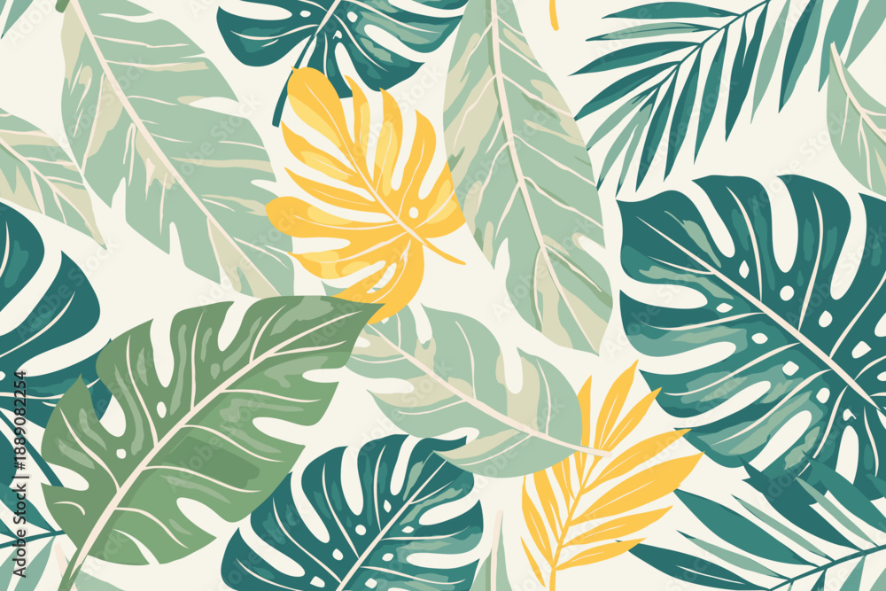 Fototapeta premium Seamless tropical leaves pattern with green and yellow monstera banana palm foliage on light background modern botanical design for fabric wallpaper.