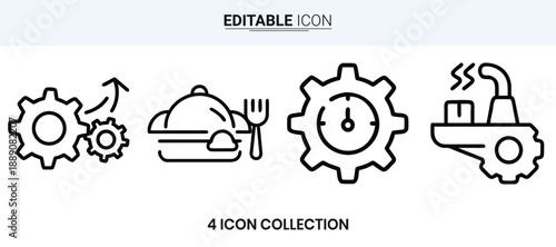 A collection of four simple line icons representing industry food and technology