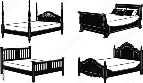 Wooden Bed Silhouette Vector Set – Classic Furniture and Home Decor Illustration