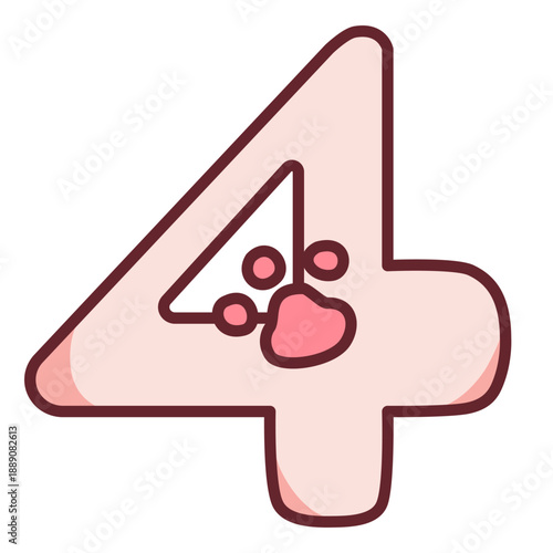 Cartoon number four with pink cat paw print decoration graphic element