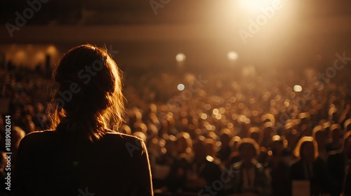Silhouette of a woman facing a large audience illuminated by warm stage lighting